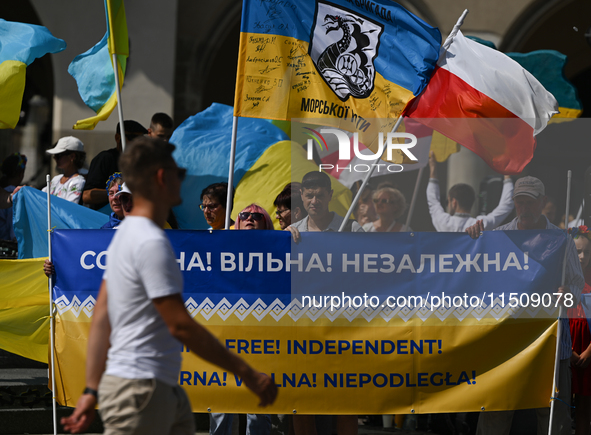 KRAKOW, POLAND - AUGUST 24:
Members of the Ukrainian diaspora in Krakow celebrate Ukrainian Independence Day with various events, including...