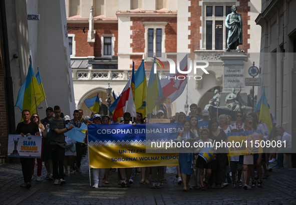 KRAKOW, POLAND - AUGUST 24:
Members of the Ukrainian diaspora in Krakow celebrate Ukrainian Independence Day with various events, including...