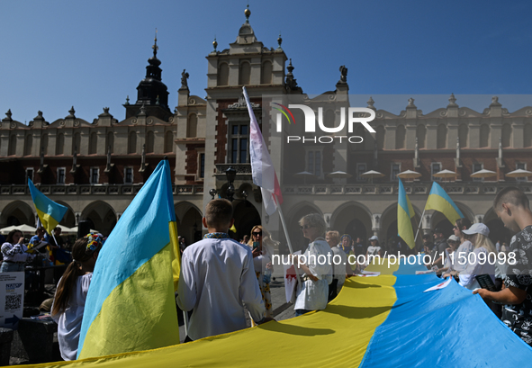 KRAKOW, POLAND - AUGUST 24:
Members of the Ukrainian diaspora in Krakow celebrate Ukrainian Independence Day with various events, including...