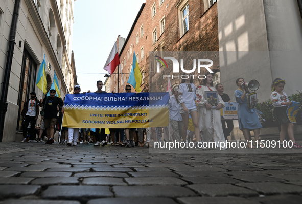 KRAKOW, POLAND - AUGUST 24:
Members of the Ukrainian diaspora in Krakow celebrate Ukrainian Independence Day with various events, including...