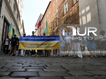 KRAKOW, POLAND - AUGUST 24:
Members of the Ukrainian diaspora in Krakow celebrate Ukrainian Independence Day with various events, including...