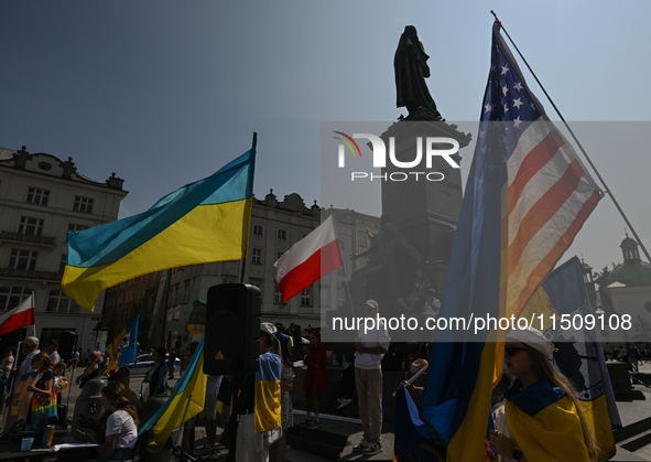 KRAKOW, POLAND - AUGUST 24:
Members of the Ukrainian diaspora in Krakow celebrate Ukrainian Independence Day with various events, including...