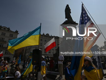 KRAKOW, POLAND - AUGUST 24:
Members of the Ukrainian diaspora in Krakow celebrate Ukrainian Independence Day with various events, including...