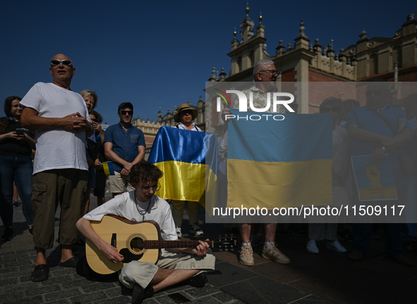 KRAKOW, POLAND - AUGUST 24:
Members of the Ukrainian diaspora in Krakow celebrate Ukrainian Independence Day with various events, including...