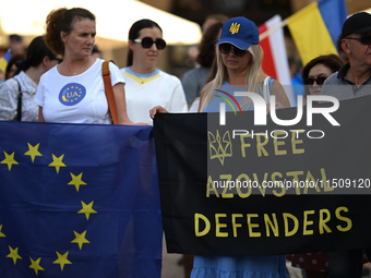 KRAKOW, POLAND - AUGUST 24:
Members of the Ukrainian diaspora in Krakow celebrate Ukrainian Independence Day with various events, including...