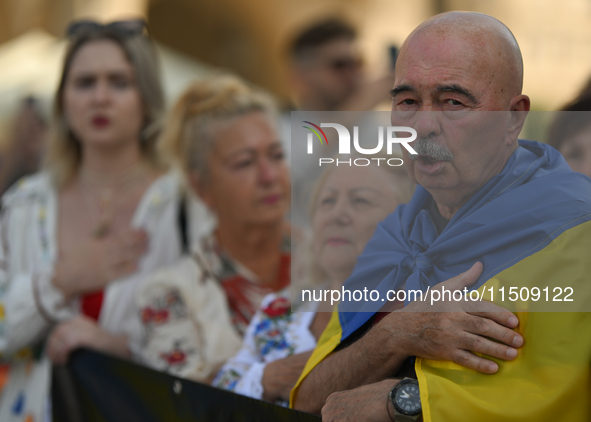 KRAKOW, POLAND - AUGUST 24:
Members of the Ukrainian diaspora in Krakow celebrate Ukrainian Independence Day with various events, including...