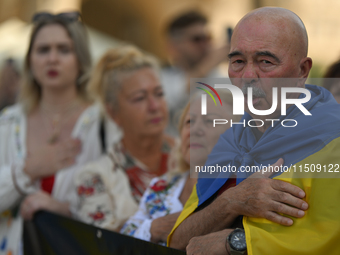 KRAKOW, POLAND - AUGUST 24:
Members of the Ukrainian diaspora in Krakow celebrate Ukrainian Independence Day with various events, including...