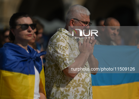 KRAKOW, POLAND - AUGUST 24:
Members of the Ukrainian diaspora in Krakow celebrate Ukrainian Independence Day with various events, including...