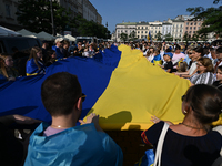 KRAKOW, POLAND - AUGUST 24:
Members of the Ukrainian diaspora in Krakow celebrate Ukrainian Independence Day with various events, including...