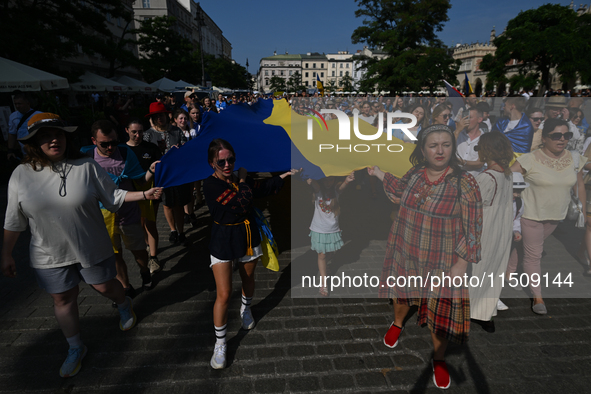 KRAKOW, POLAND - AUGUST 24:
Members of the Ukrainian diaspora in Krakow celebrate Ukrainian Independence Day with various events, including...