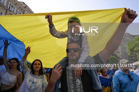 KRAKOW, POLAND - AUGUST 24:
Members of the Ukrainian diaspora in Krakow celebrate Ukrainian Independence Day with various events, including...