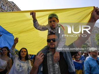 KRAKOW, POLAND - AUGUST 24:
Members of the Ukrainian diaspora in Krakow celebrate Ukrainian Independence Day with various events, including...