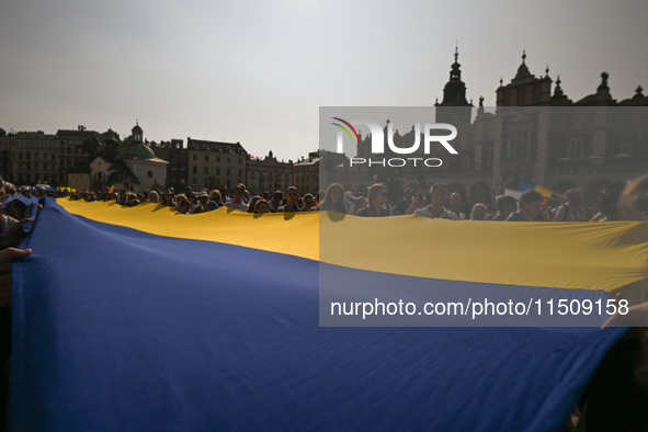 KRAKOW, POLAND - AUGUST 24:
Members of the Ukrainian diaspora in Krakow celebrate Ukrainian Independence Day with various events, including...