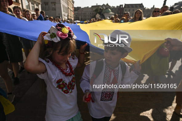 KRAKOW, POLAND - AUGUST 24:
Members of the Ukrainian diaspora in Krakow celebrate Ukrainian Independence Day with various events, including...