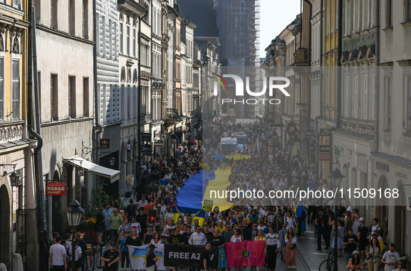 KRAKOW, POLAND - AUGUST 24:
Members of the Ukrainian diaspora in Krakow celebrate Ukrainian Independence Day with various events, including...