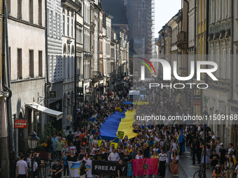 KRAKOW, POLAND - AUGUST 24:
Members of the Ukrainian diaspora in Krakow celebrate Ukrainian Independence Day with various events, including...