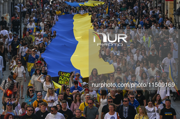 KRAKOW, POLAND - AUGUST 24:
Members of the Ukrainian diaspora in Krakow celebrate Ukrainian Independence Day with various events, including...