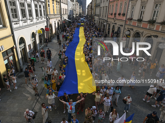 KRAKOW, POLAND - AUGUST 24:
Members of the Ukrainian diaspora in Krakow celebrate Ukrainian Independence Day with various events, including...