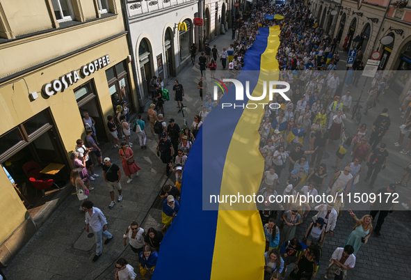 KRAKOW, POLAND - AUGUST 24:
Members of the Ukrainian diaspora in Krakow celebrate Ukrainian Independence Day with various events, including...