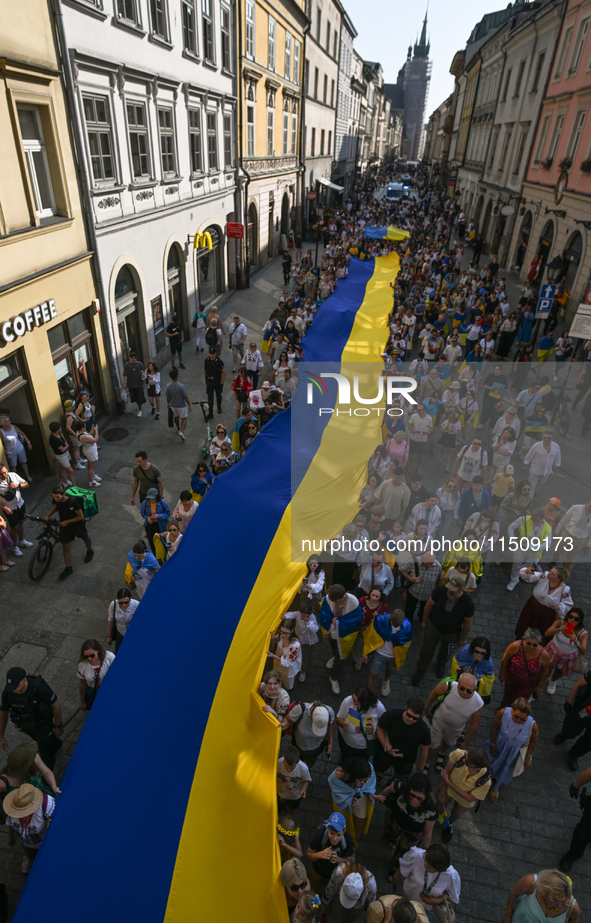 KRAKOW, POLAND - AUGUST 24:
Members of the Ukrainian diaspora in Krakow celebrate Ukrainian Independence Day with various events, including...