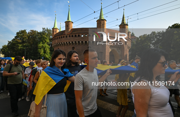 KRAKOW, POLAND - AUGUST 24:
Members of the Ukrainian diaspora in Krakow celebrate Ukrainian Independence Day with various events, including...