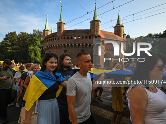 KRAKOW, POLAND - AUGUST 24:
Members of the Ukrainian diaspora in Krakow celebrate Ukrainian Independence Day with various events, including...