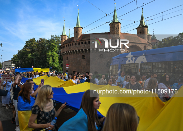 KRAKOW, POLAND - AUGUST 24:
Members of the Ukrainian diaspora in Krakow celebrate Ukrainian Independence Day with various events, including...