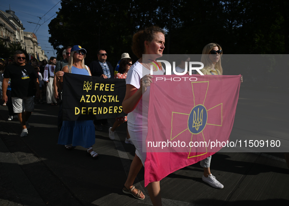 KRAKOW, POLAND - AUGUST 24:
Members of the Ukrainian diaspora in Krakow celebrate Ukrainian Independence Day with various events, including...