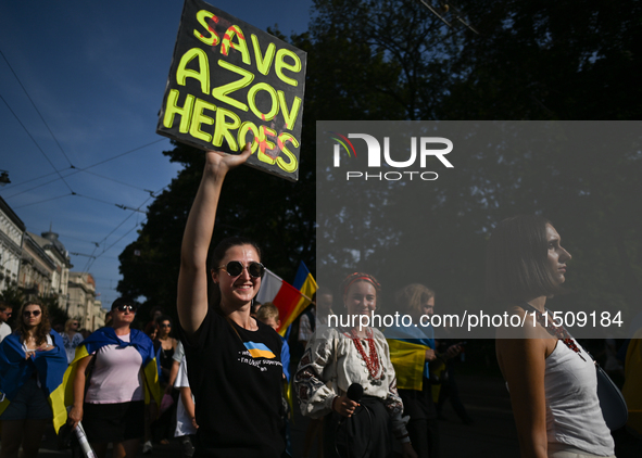 KRAKOW, POLAND - AUGUST 24:
Members of the Ukrainian diaspora in Krakow celebrate Ukrainian Independence Day with various events, including...