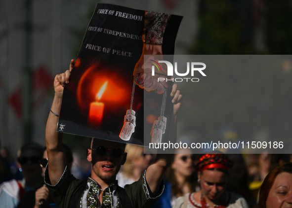 KRAKOW, POLAND - AUGUST 24:
Members of the Ukrainian diaspora in Krakow celebrate Ukrainian Independence Day with various events, including...