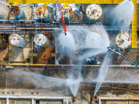 Firefighters participate in a rescue drill at a chemical company in Huai'an, Jiangsu province, China, on August 25, 2024. (