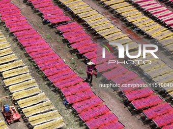 A worker dries incense on the drying field of a fragrance-making enterprise in Quanzhou, China, on August 25, 2024. (