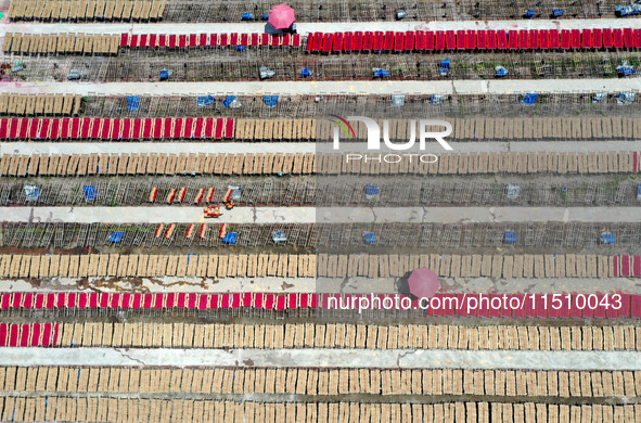 A worker dries incense on the drying field of a fragrance-making enterprise in Quanzhou, China, on August 25, 2024. 