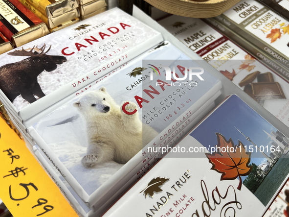 Canada-themed chocolate bars are at a shop in Chinatown in downtown Toronto, Ontario, Canada, on July 6, 2024. 