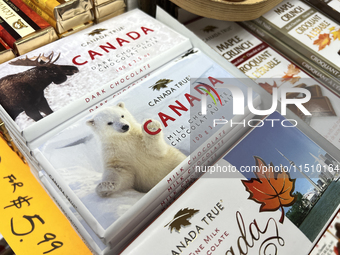 Canada-themed chocolate bars are at a shop in Chinatown in downtown Toronto, Ontario, Canada, on July 6, 2024. (