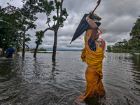 A woman wades through floodwaters in Feni, Bangladesh, on August 25, 2024. (