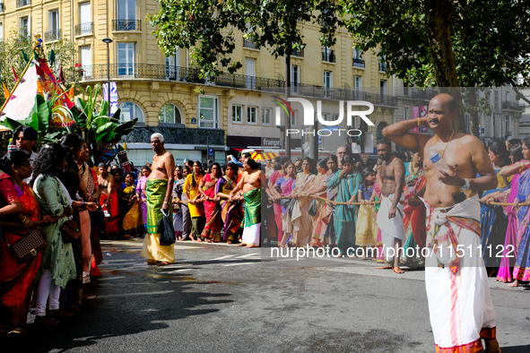 Hindu procession in Paris, France, during the 27th festival of the god Ganesh, in Paris, France, on August 25, 2024.  