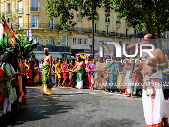 Hindu procession in Paris, France, during the 27th festival of the god Ganesh, in Paris, France, on August 25, 2024.  (