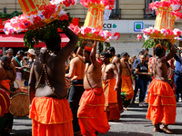 Hindus dance during Ganesh Chaturthi in the streets of Paris, France, in Paris, France, on August 25, 2024.  (