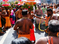 Hindu flagellants take part in the Ganesh Chaturthi procession, in Paris, France, on August 25, 2024.  (