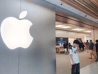 Students experience Apple products at the Apple flagship store in Shanghai, China, on August 22, 2024. (