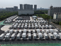 An aerial photo shows an energy storage power station on the side of Banqiao grid in Nanjing, China, on August 26, 2024. The power station i...