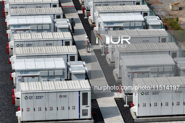 An aerial photo shows an energy storage power station on the side of Banqiao grid in Nanjing, China, on August 26, 2024. The power station i...