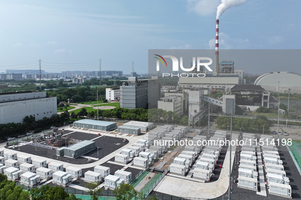 An aerial photo shows an energy storage power station on the side of Banqiao grid in Nanjing, China, on August 26, 2024. The power station i...