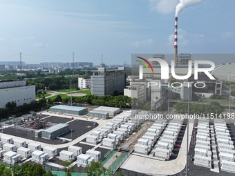 An aerial photo shows an energy storage power station on the side of Banqiao grid in Nanjing, China, on August 26, 2024. The power station i...