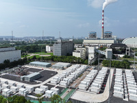 An aerial photo shows an energy storage power station on the side of Banqiao grid in Nanjing, China, on August 26, 2024. The power station i...