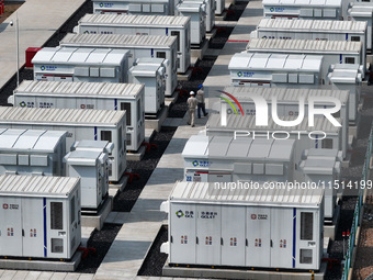 An aerial photo shows an energy storage power station on the side of Banqiao grid in Nanjing, China, on August 26, 2024. The power station i...