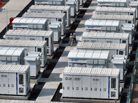 An aerial photo shows an energy storage power station on the side of Banqiao grid in Nanjing, China, on August 26, 2024. The power station i...