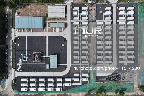 An aerial photo shows an energy storage power station on the side of Banqiao grid in Nanjing, China, on August 26, 2024. The power station i...