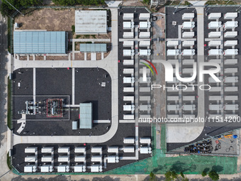 An aerial photo shows an energy storage power station on the side of Banqiao grid in Nanjing, China, on August 26, 2024. The power station i...